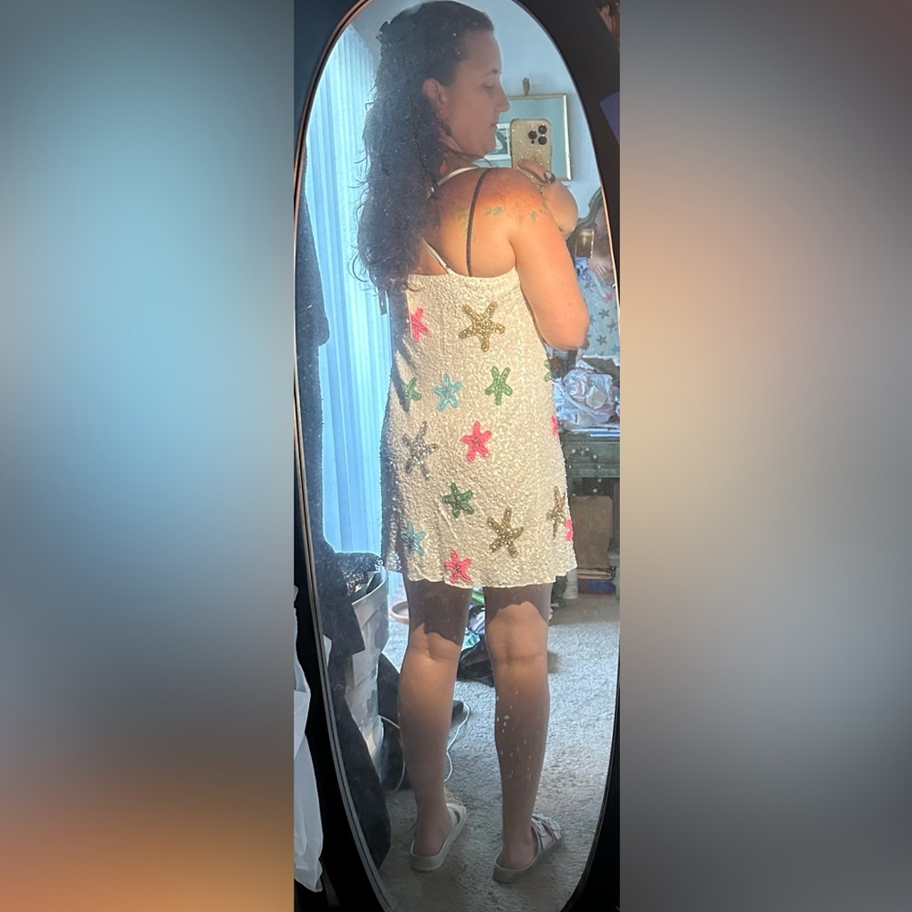 NWT Show Me Your MuMu White Sequin Multi-Color Star Spaghetti Strap Slip Dress - Picture 11 of 16